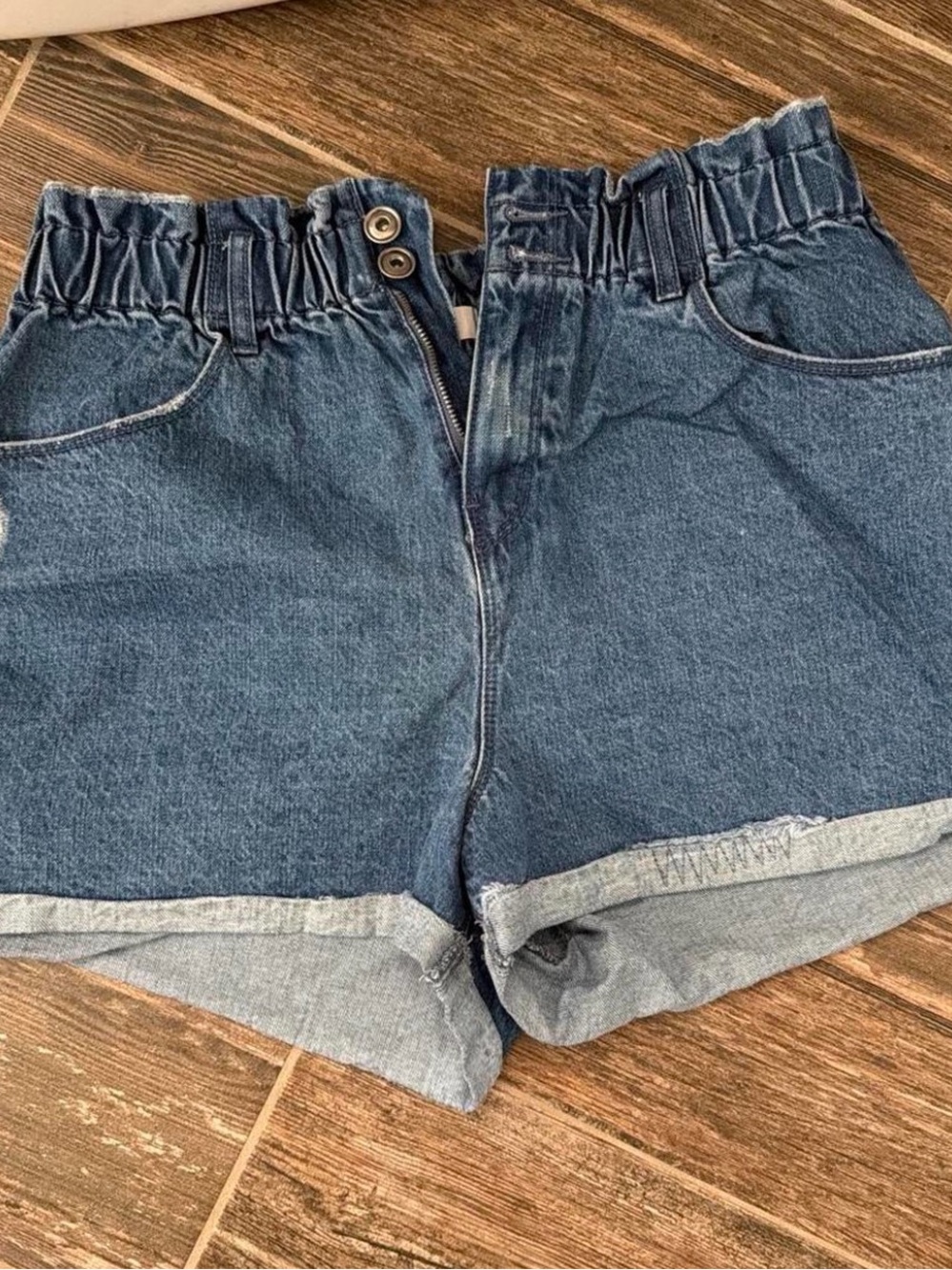 High-Rise Blue Denim Paperbag Jean Shorts